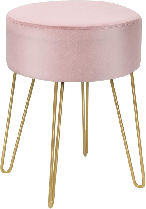Pink Velvet Round Footstool Modern Dressing Table Stool with Metal Legs