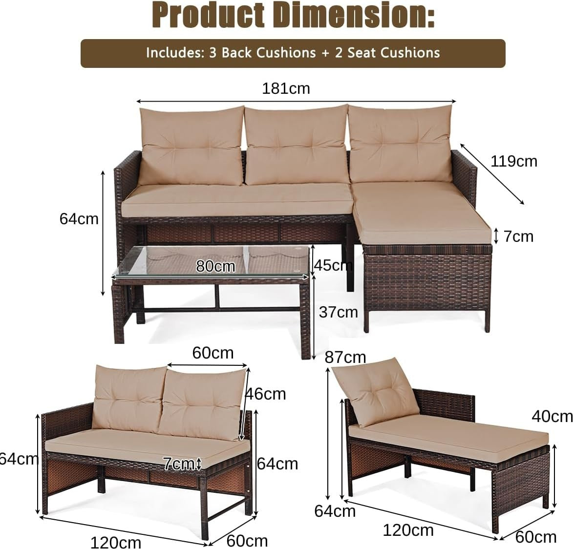 Outdoor Rattan Garden Sofa Set with Chaise Lounge & Tempered Glass Table
