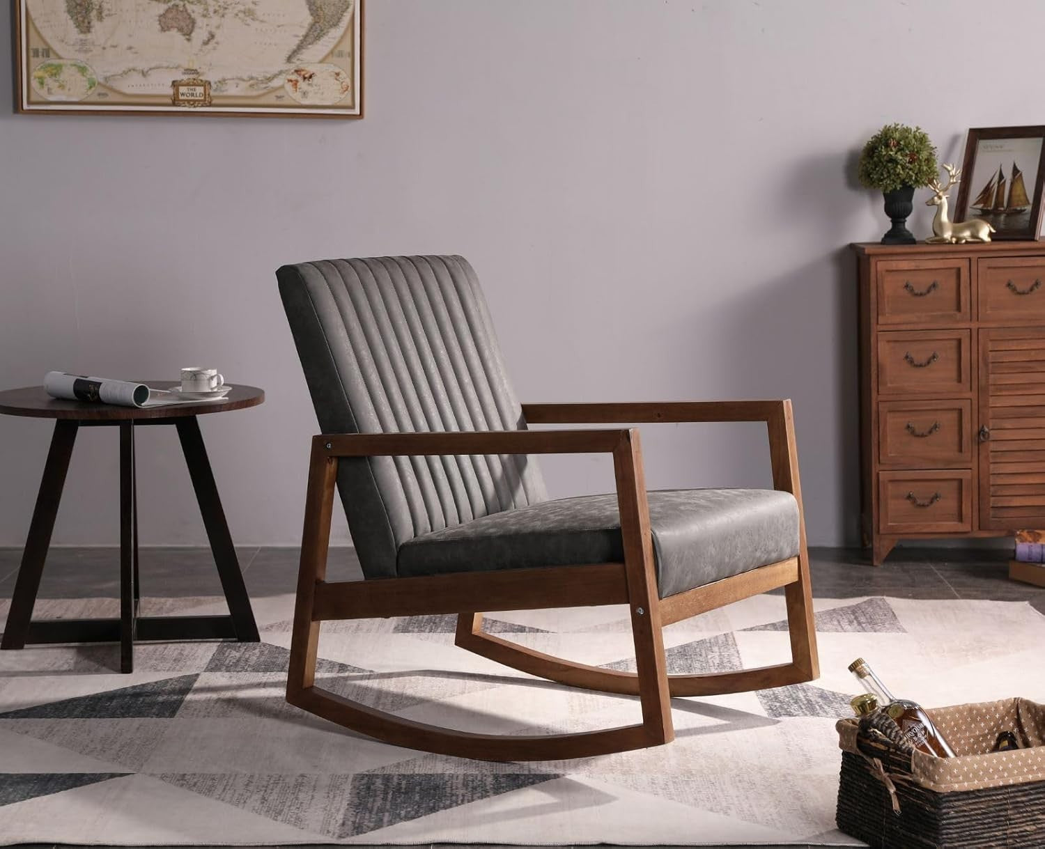 Grey PU Leather Rocking Chair with Walnut Frame - Comfortable & Durable