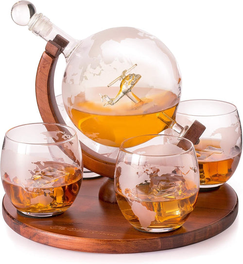 Helicopter Whiskey Decanter Set with 4 Glasses & Wood Base Globe Bar Gift