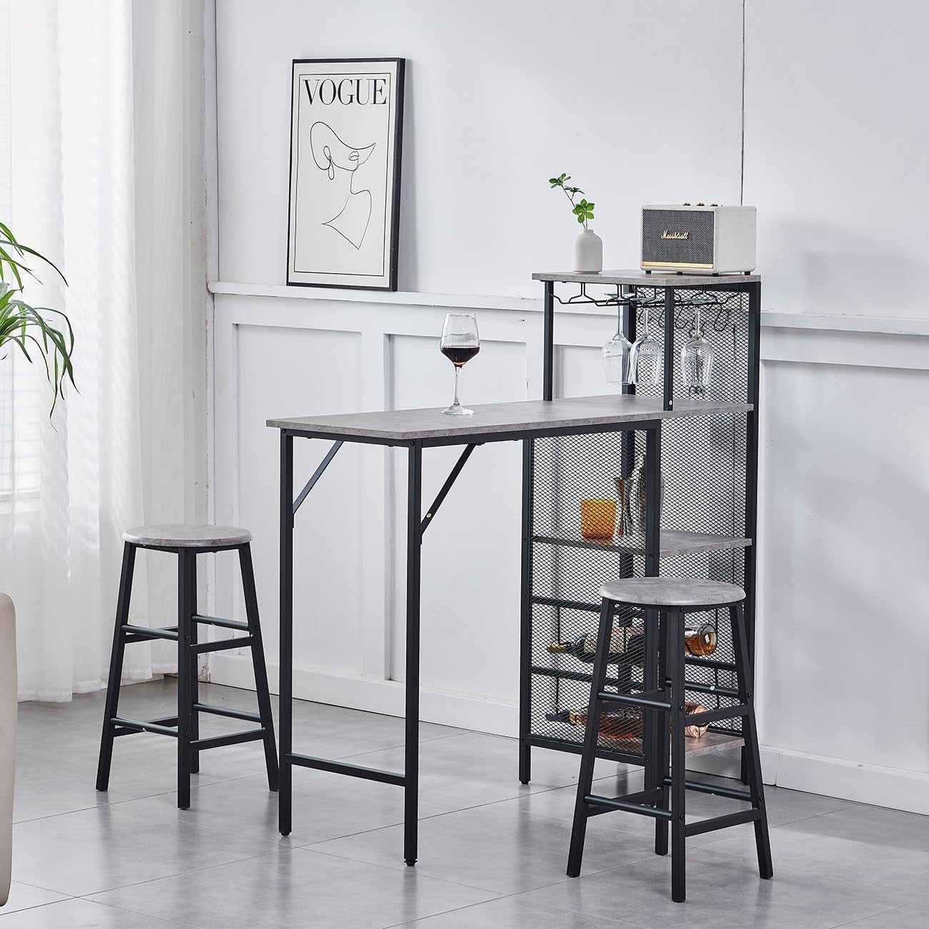 Grey Marble Bar Table Set with 2 Stools Space-Saving Metal Frame Dining Set