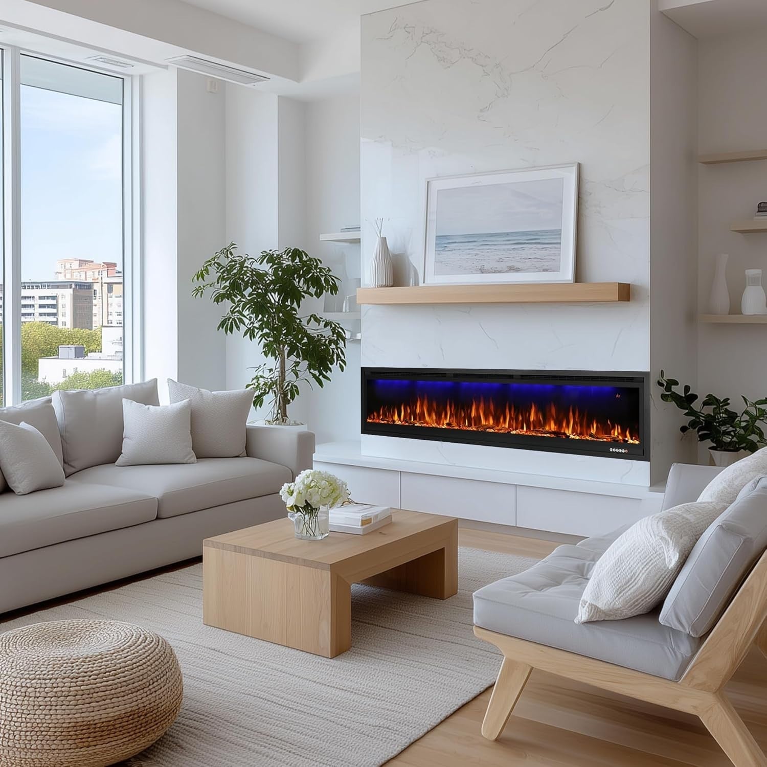50in WiFi Electric Fireplace Wall Insert Heater App Control 3 Flame LED