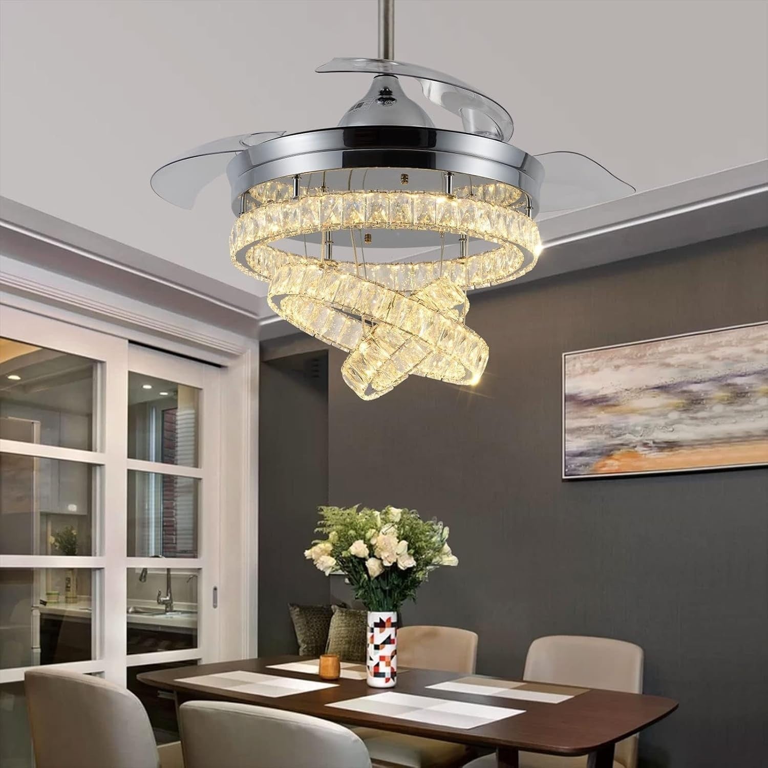 DiiSunBihuo 42" Chrome Fandelier, Crystal Fan, Reversible Motor, 3-Color LED