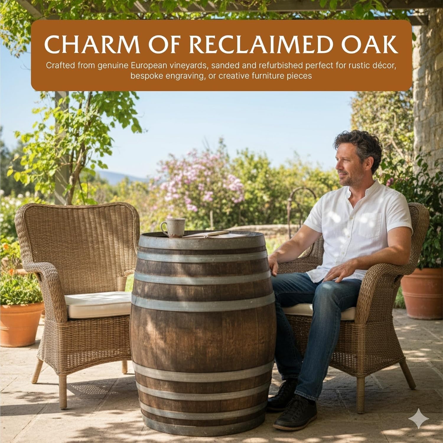 Oak Wine Barrel Rainwater Collector, Rustic Garden Feature, Round, 55 Gal