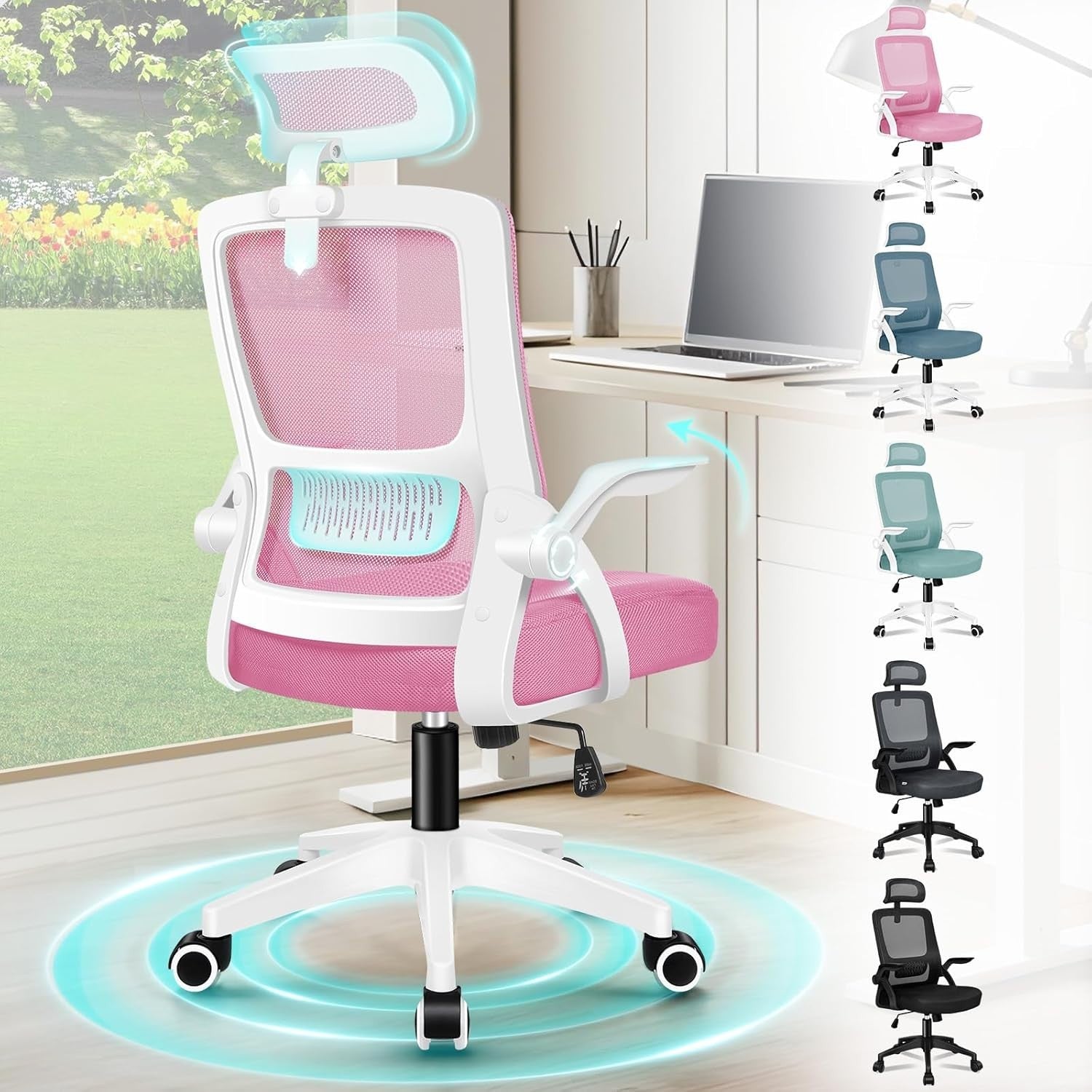 Ergonomic Mesh Office Chair Pink Adjustable Headrest Flip Arms Swivel 180kg