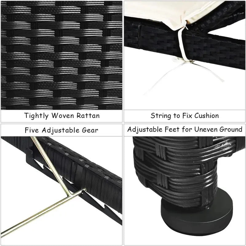 Rattan Sun Lounger Reclining Patio Chaise Bed Adjustable Waterproof Cushion