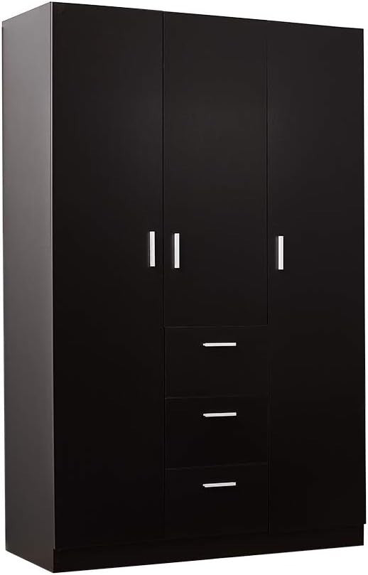 Large 3 Door Wardrobe with 3 Drawers, Shelves & Hanging Rail - Black Bedroom
