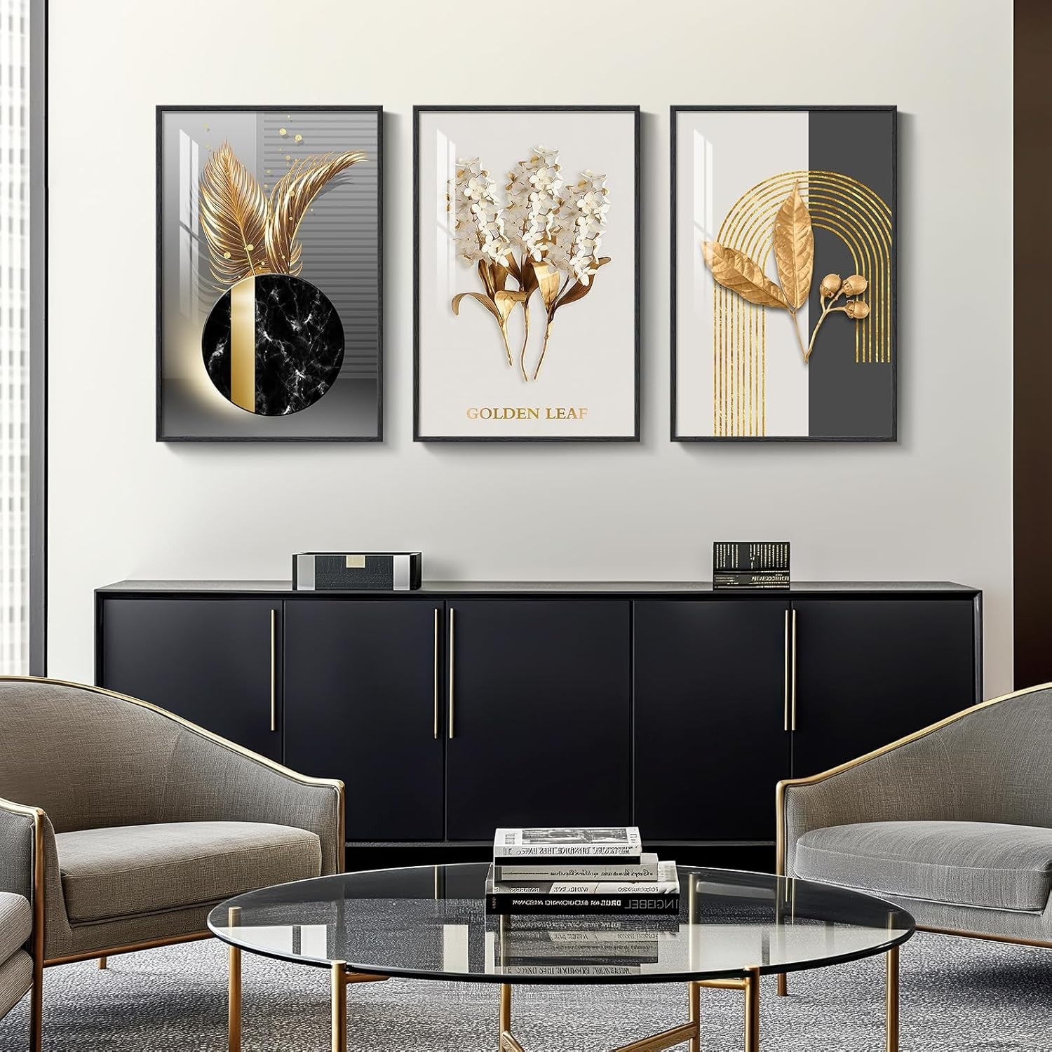 Large Black Gold Wall Art Set of 3 Framed 24x36 Luxury