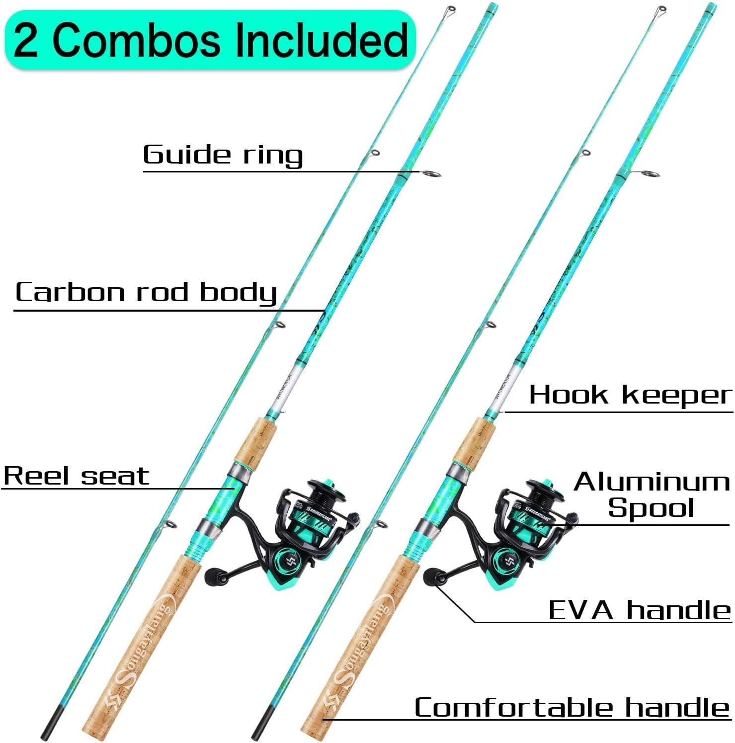 2 Pack Spinning Fishing Rod & Reel Combo 5'6" Carbon