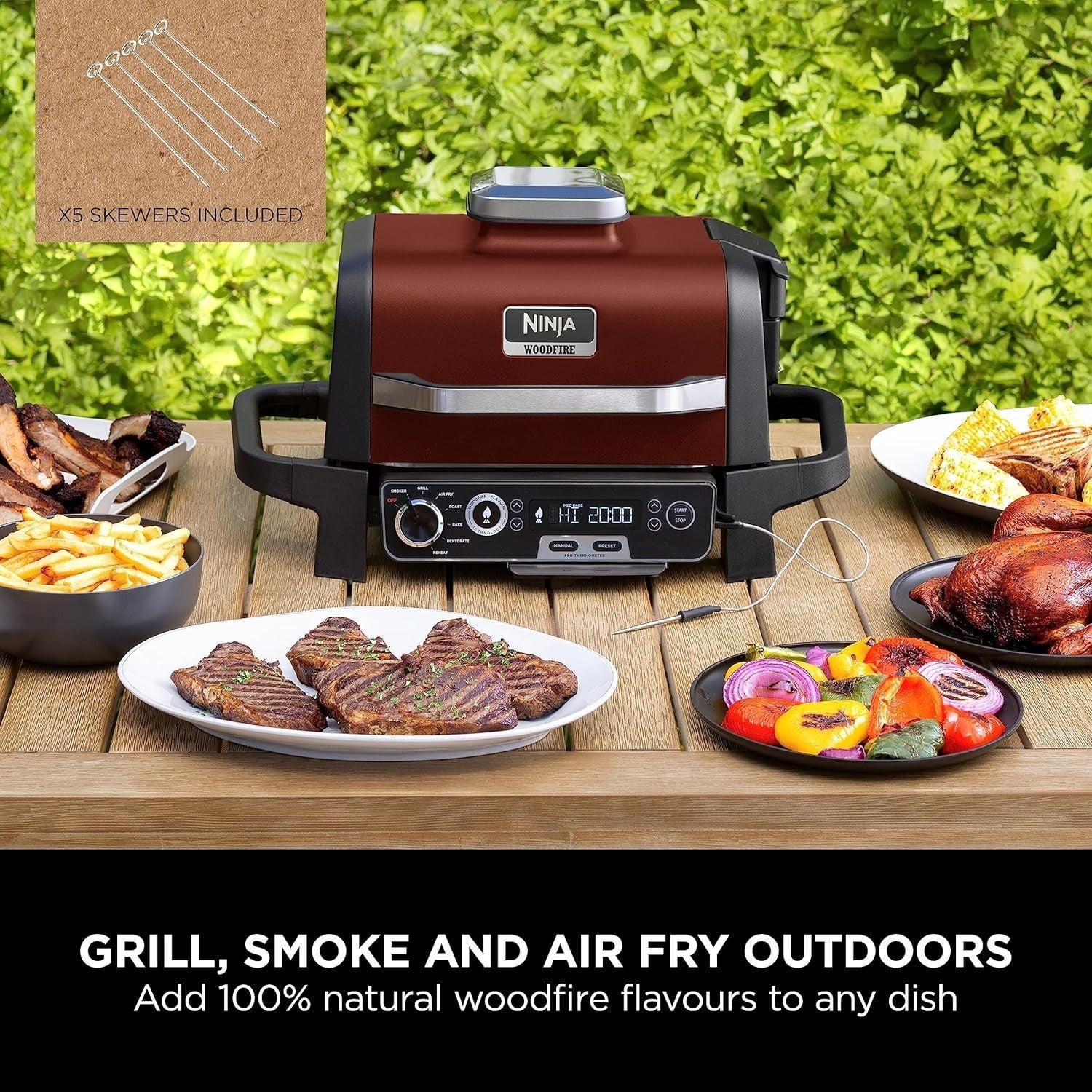 7-in-1 Electric BBQ Grill & Smoker with Digital Probe, Air Fryer & Woodfire