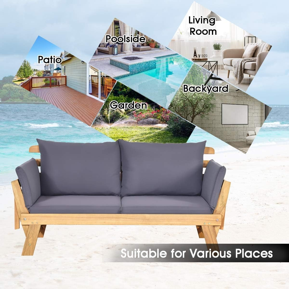 3-in-1 Outdoor Wooden Sofa Bed Lounger | 142×71×76cm | Reclining Daybed