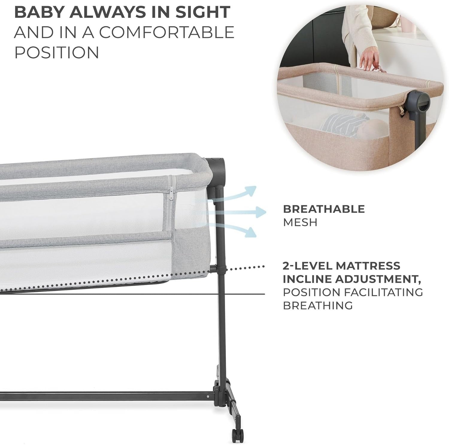 Bedside Baby Crib Co-Sleeper Cot Adjustable Height Travel Bassinet Grey