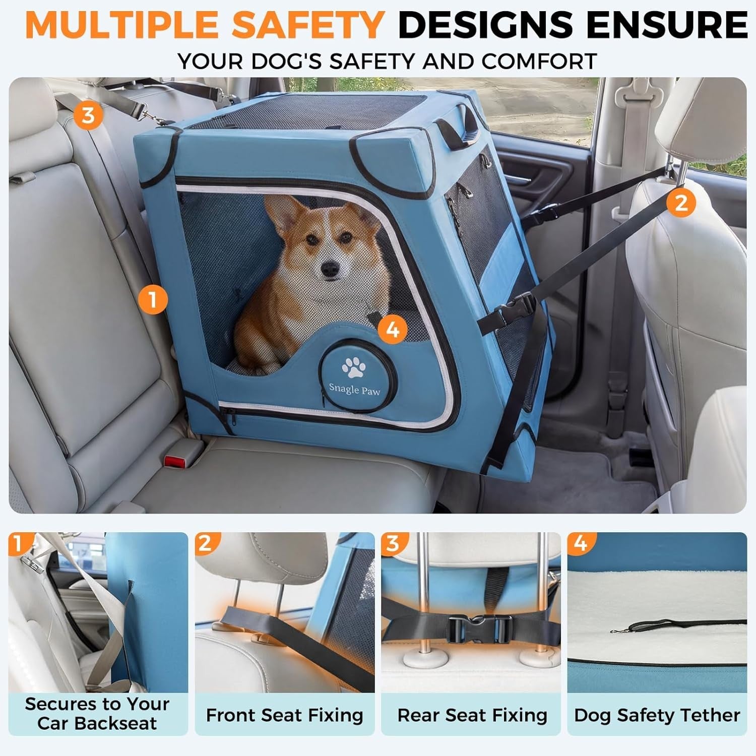 Portable Dog Crate for Car Travel Metal Frame Pet Carrier Foldable
