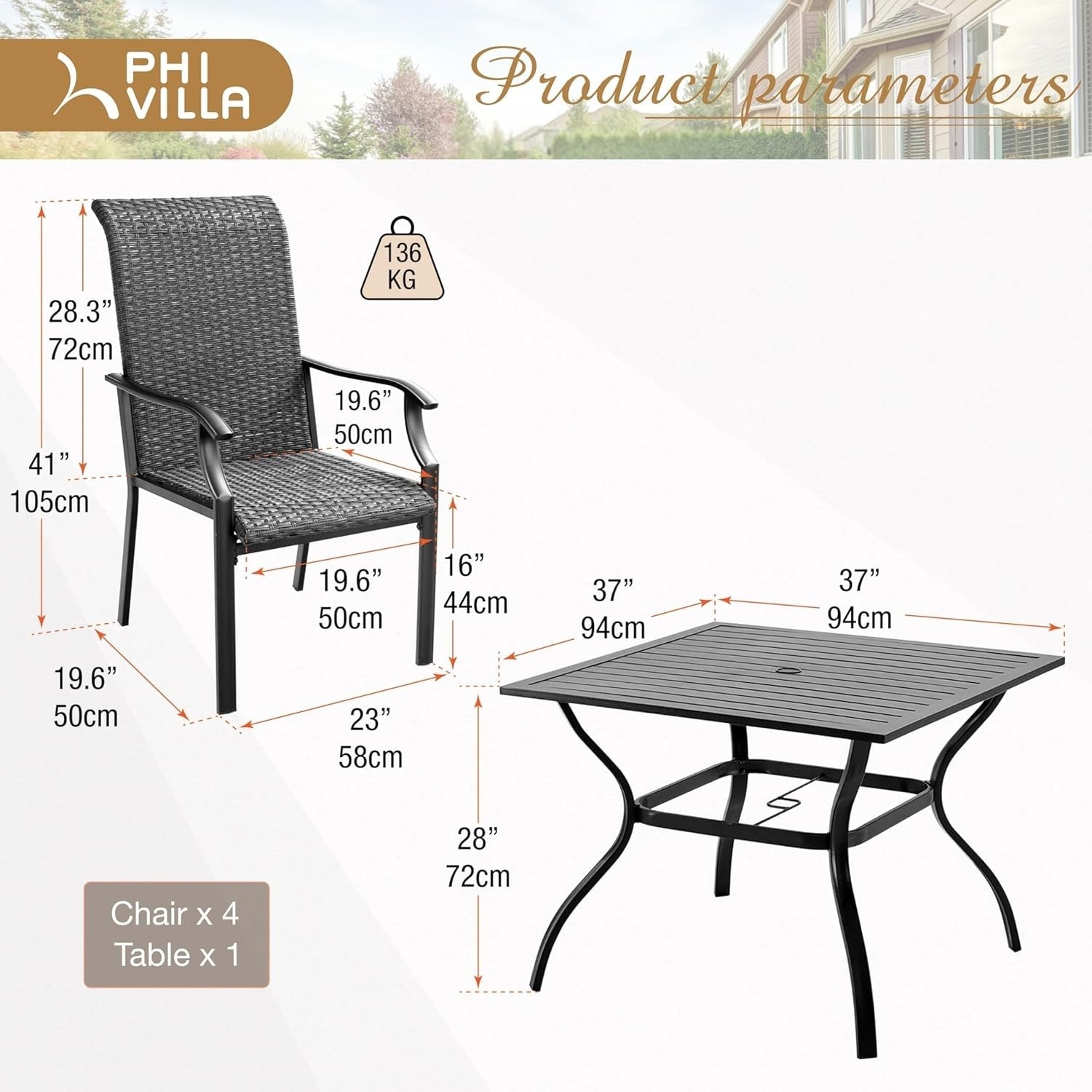 4 Seater Rattan Garden Dining Set Square Table Patio Balcony Bistro Furniture