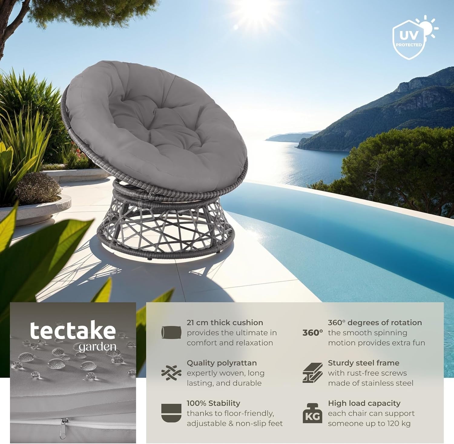 360° Swivel Rattan Garden Chair with Thick Cushion Patio Balcony Lounger