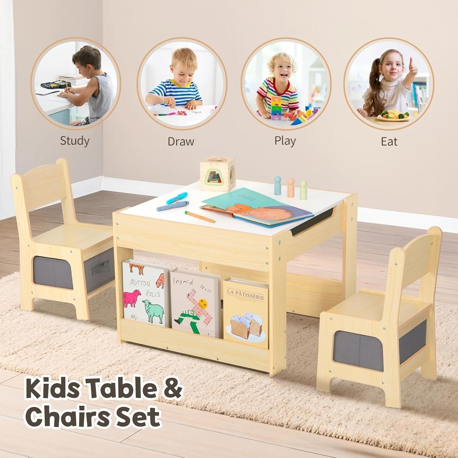 4 in 1 Kids Table and Chairs with Whiteboard Blackboard Storage & Book Rack