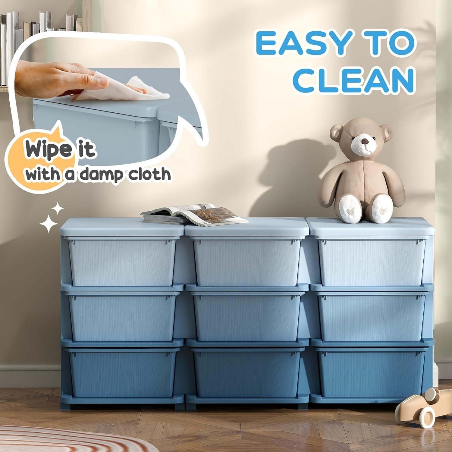 Kids 9-Drawer Storage Unit Toy Organizer Chest with Safe Rounded Corners Blue