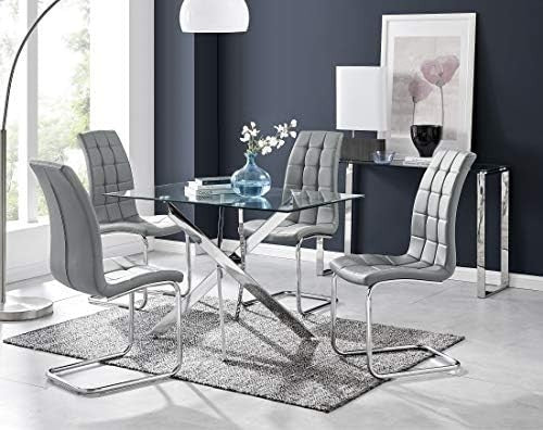 Glass Dining Table Set with 4 Black Chairs Modern Chrome Frame 120x70cm