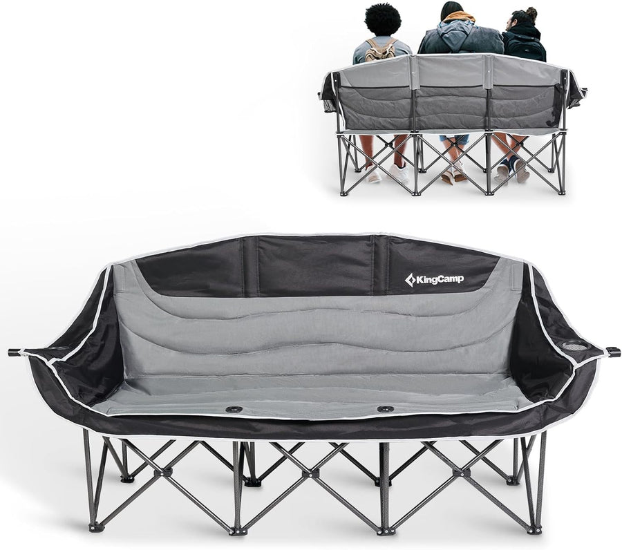 3 Seater Folding Camping Sofa Chair Heavy Duty Padded w/ Cup Holder