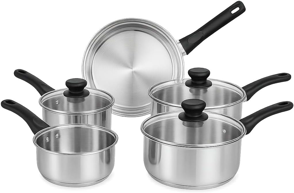5Pcs Stainless Steel Cookware Set Induction Ready Pots & Pans with Glass Lids