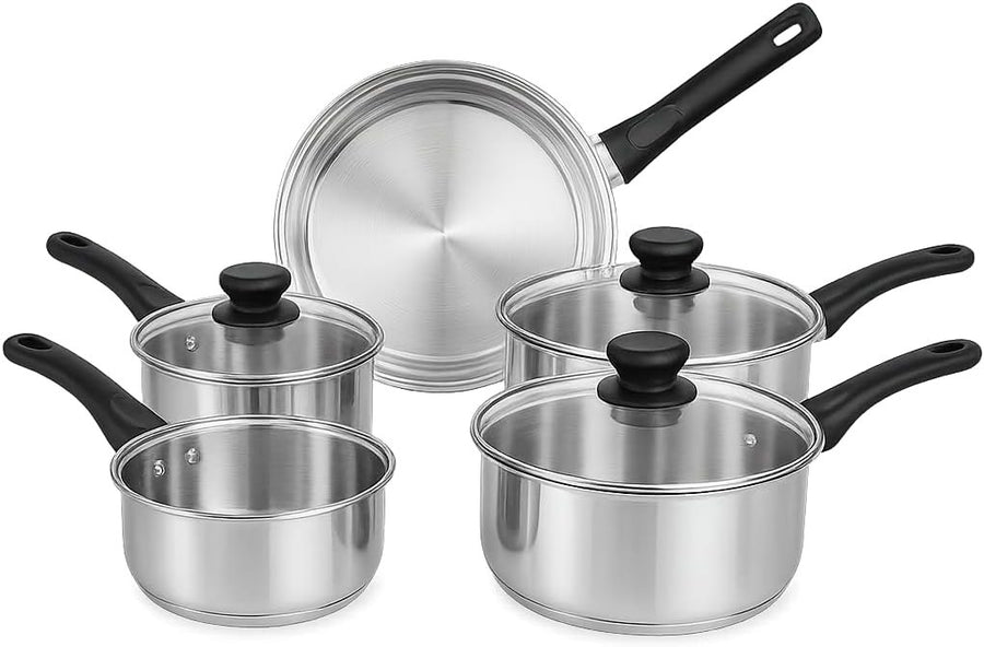 5Pcs Stainless Steel Cookware Set Induction Ready Pots & Pans with Glass Lids