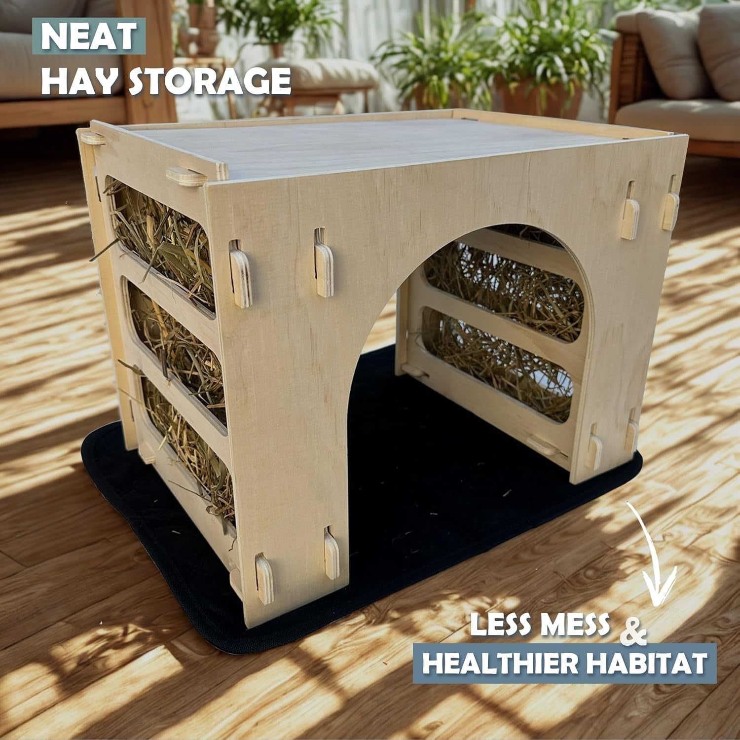 Rabbit Hideout Wooden Tunnel Bed Indoor Hay Feeder Bunny Guinea Pig House