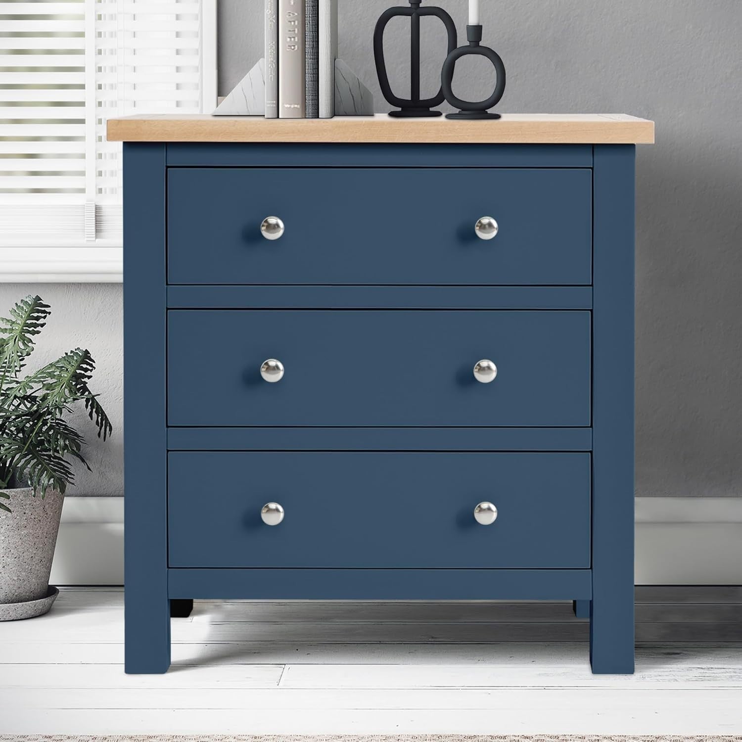 Navy Blue Solid Wood Chest Drawers Oak Top Bedroom Storage Unit 3 Drawer