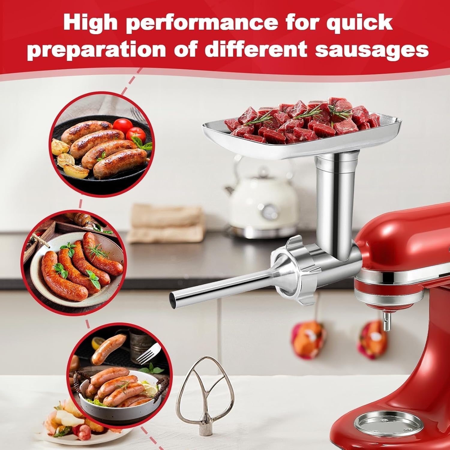 Stainless Steel Food Grinder Attachment 4 Plates 3 Sausage Tubes
