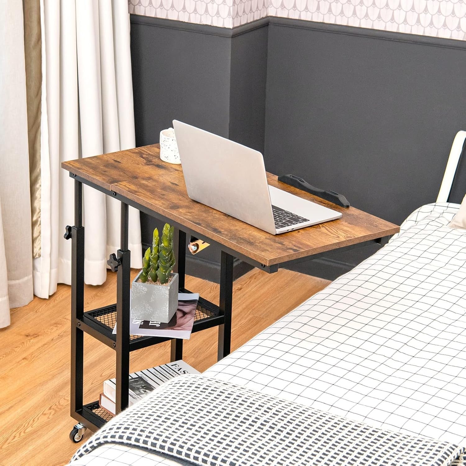 Rustic Brown Overbed Table with Wheels Adjustable Sofa Side Laptop Desk