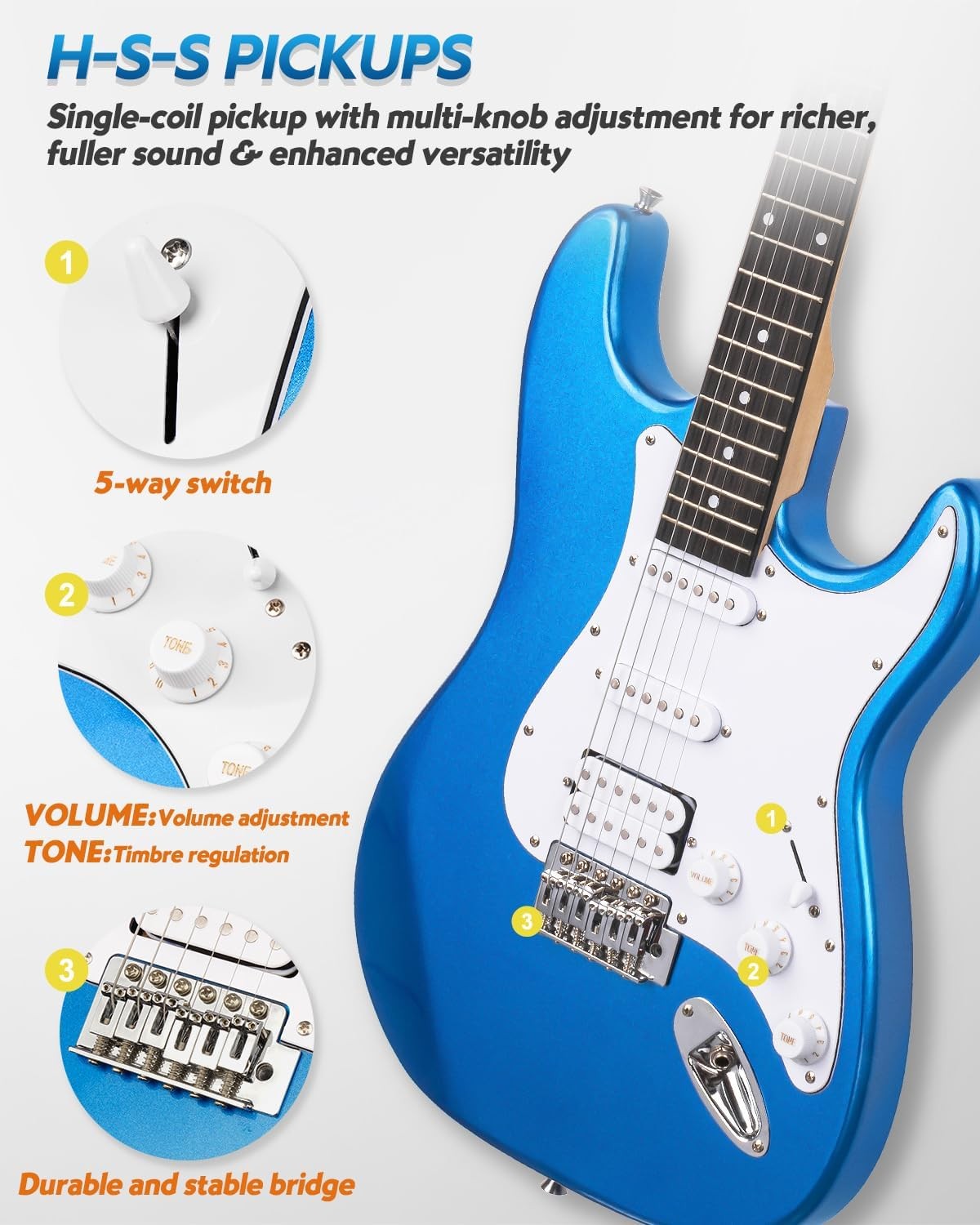 39" Electric Guitar Starter Kit HSS Pickups 10W Amp Blue