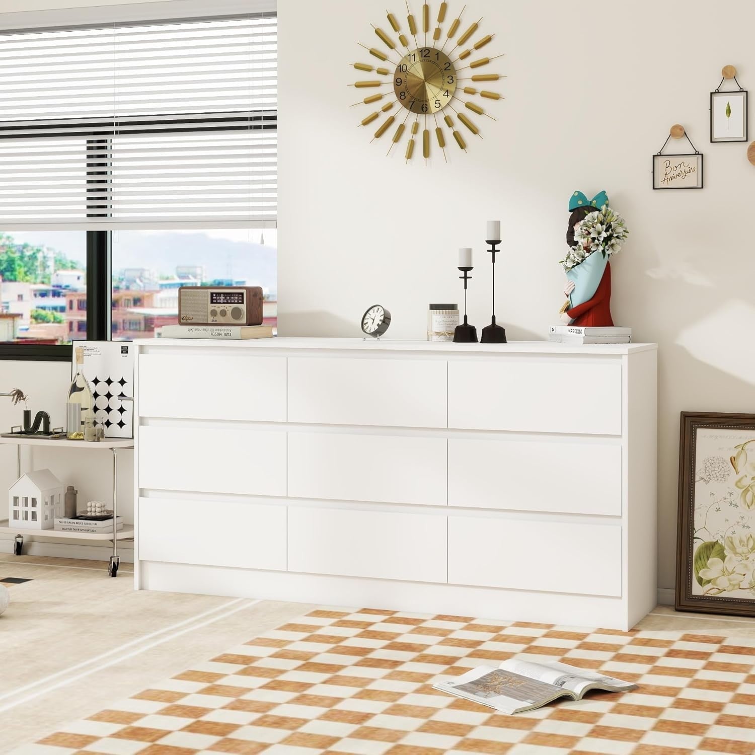 White 9 Drawer Wide Chest Dresser Modern Storage Cabinet for Bedroom