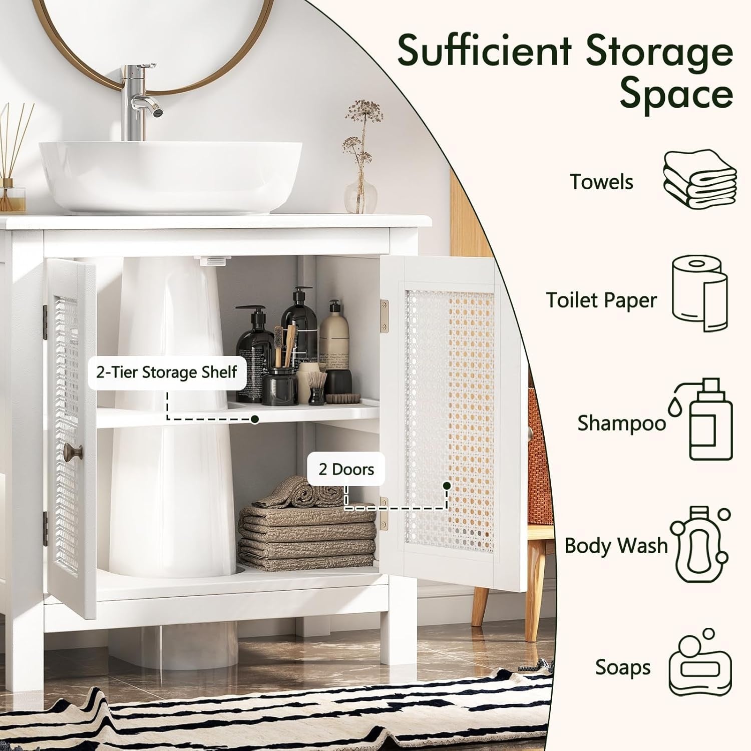 White Under Sink Bathroom Cabinet with Rattan Doors – Freestanding Storage Unit