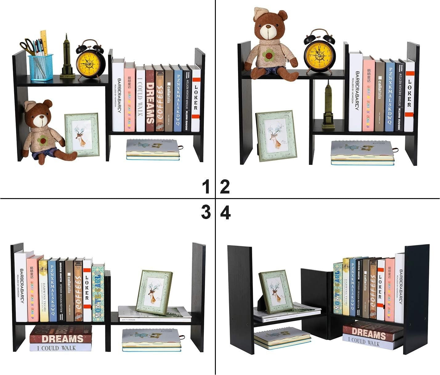 Adjustable Black Wood Desktop Bookshelf 3-Tier Space-Saving Desk Organizer