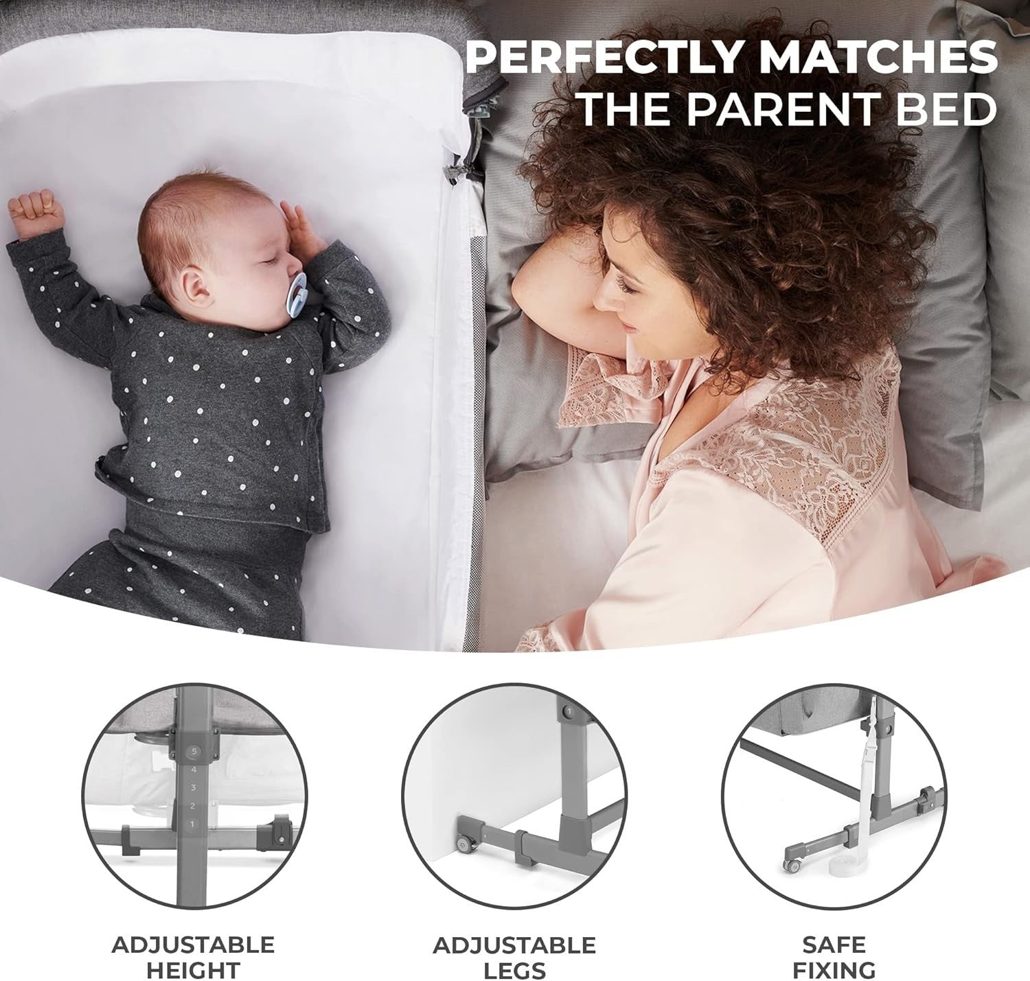 Bedside Baby Crib Co-Sleeper Cot Adjustable Height Travel Bassinet Melange Grey