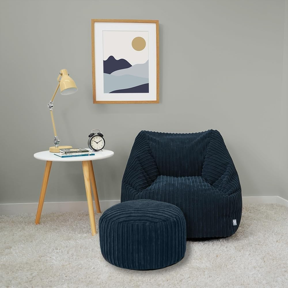 Kids Navy Corduroy Bean Bag Chair + Footstool – Washable, 70x80x60cm