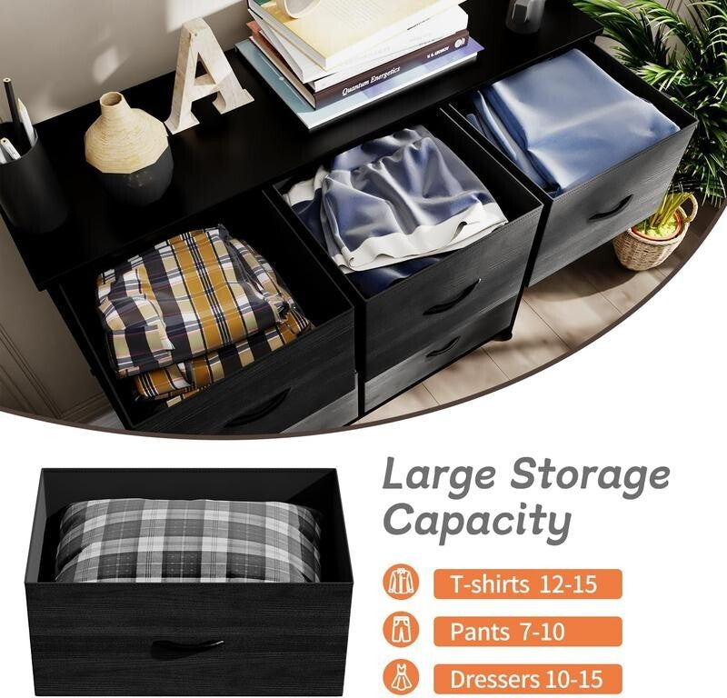 Black Fabric 9 Drawer Dresser Storage Unit with Wood Top for Bedroom 100cm