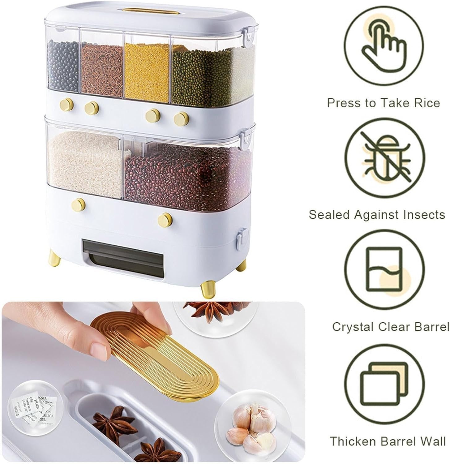 6 Grid Rice Dispenser Airtight Grain Storage Bin