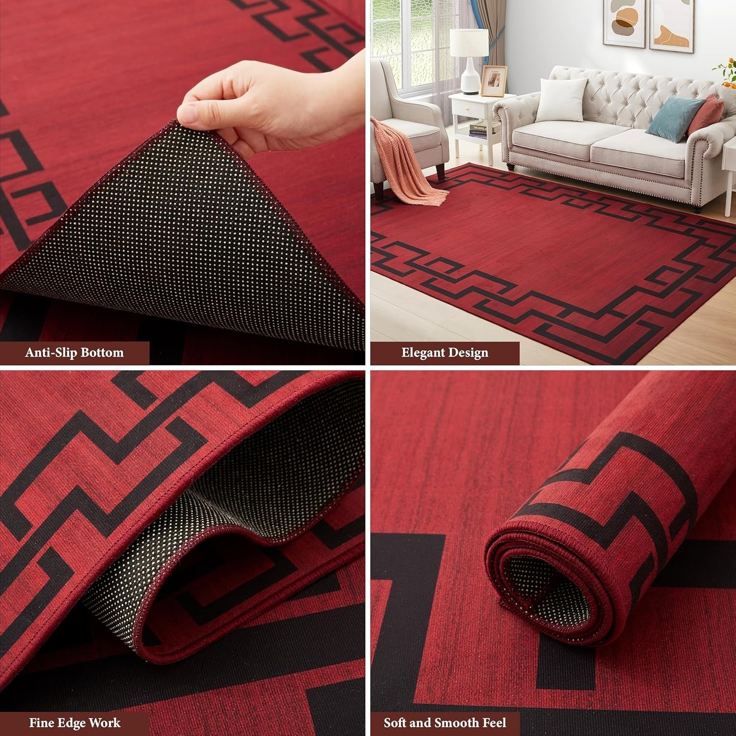 Red Runner Rug 80x300cm Greek Key Design Soft Touch Non-Slip Hallway Carpet