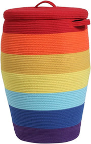 XL 26" Rainbow Cotton Rope Laundry Basket with Lid Large Woven Storage Hamper