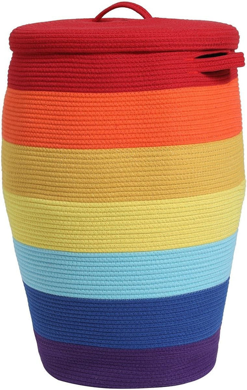 XL 26" Rainbow Cotton Rope Laundry Basket with Lid Large Woven Storage Hamper