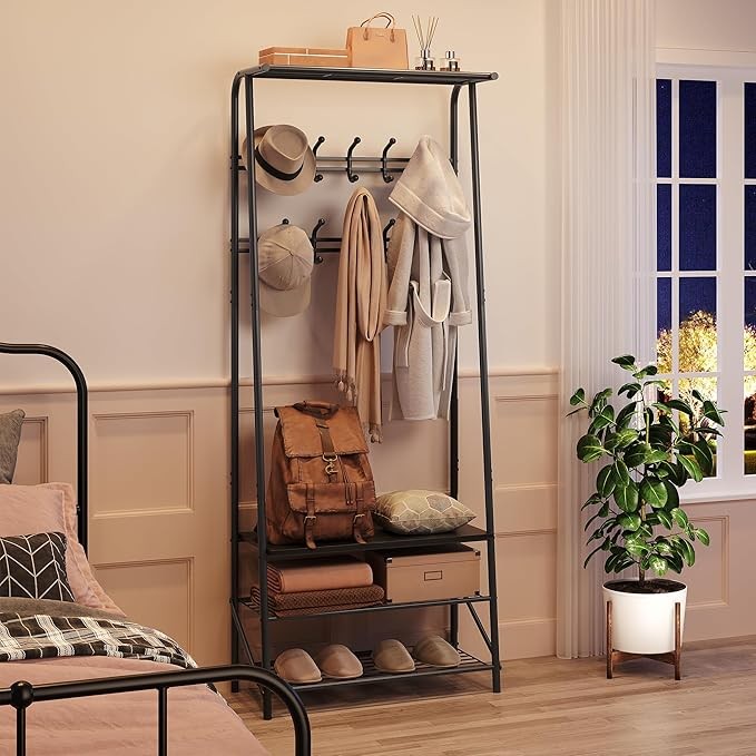 Black Metal 3-in-1 Coat Rack with Shoe Storage & 10 Hooks Entryway Stand