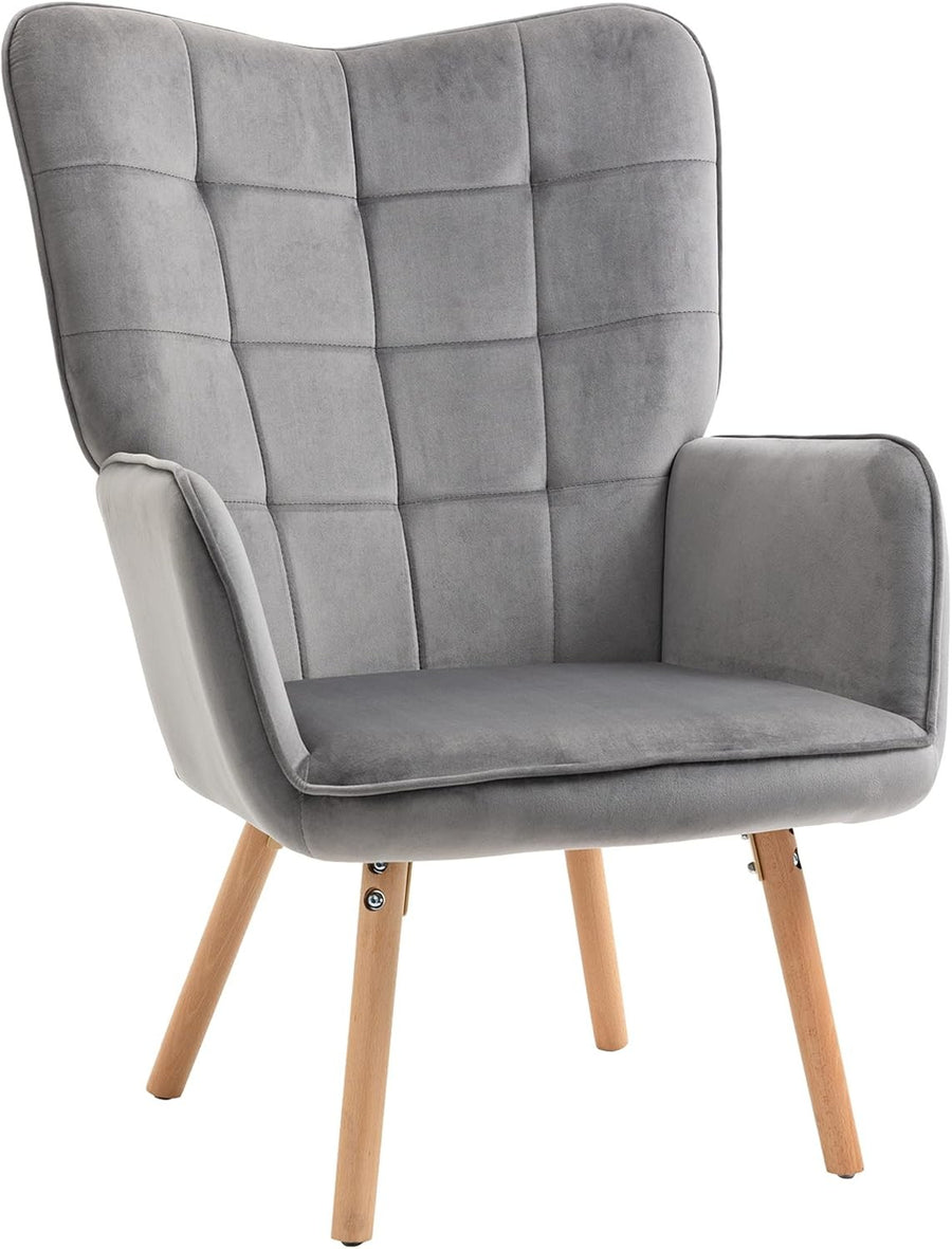 Grey Velvet Wingback Accent Chair Tufted Lounge Armchair Wood Legs