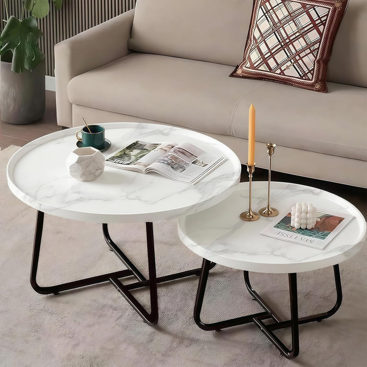 2-Piece Nesting Coffee Table Set Marble Pattern Wood Modern End Side Tables