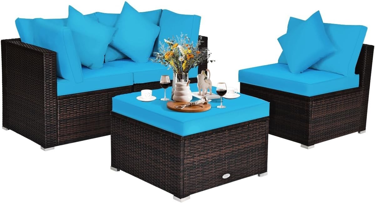 4PC Turquoise Rattan Garden Sofa Set Modular Patio Lounge Coffee Table