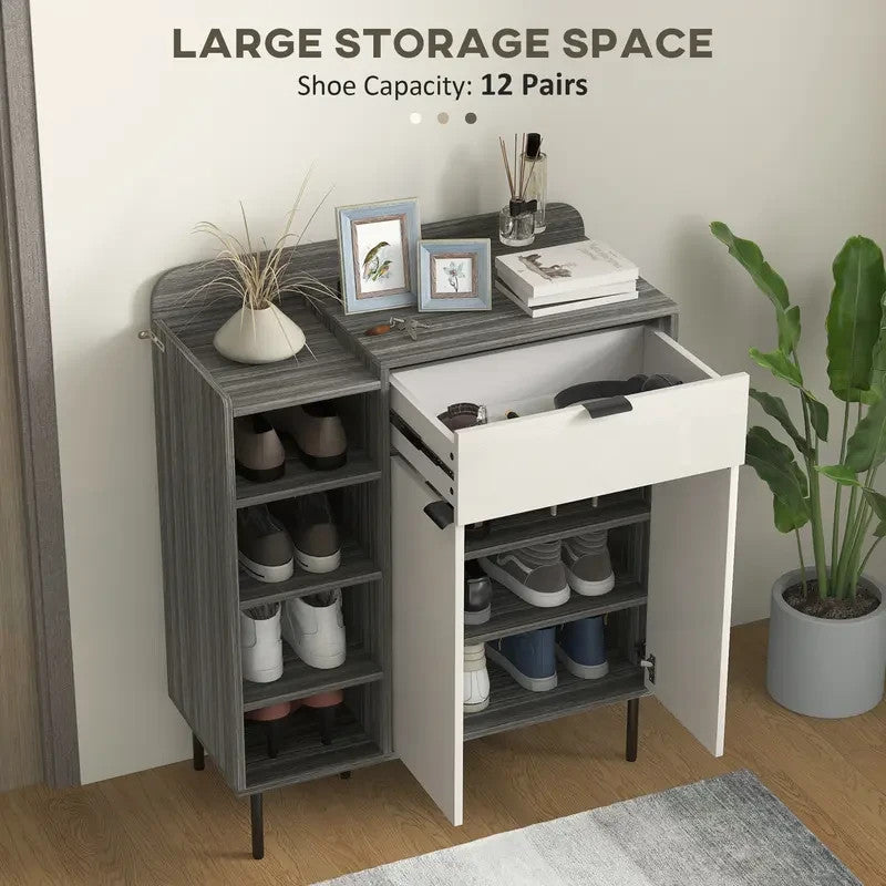 Modern Shoe Cabinet Storage Unit with Drawers & Open Shelves - Grey White