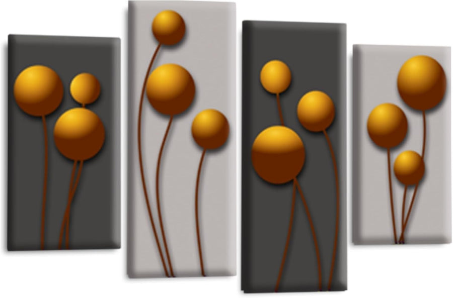 Orange Floral Canvas Wall Art Set 4 Panel Grey Modern