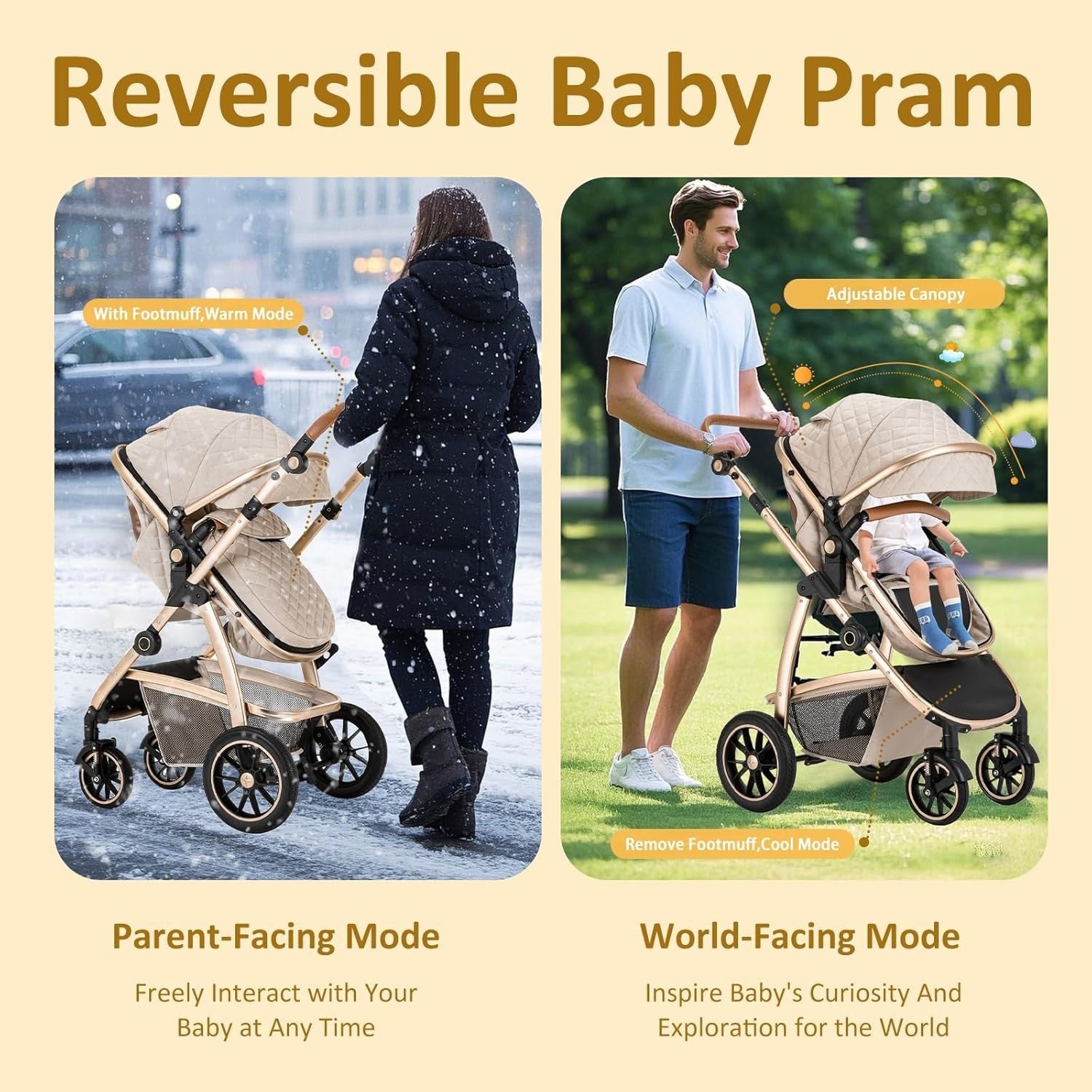 3-in-1 Baby Stroller Travel System Beige 0-4Y Adjustable Handle Car Seat