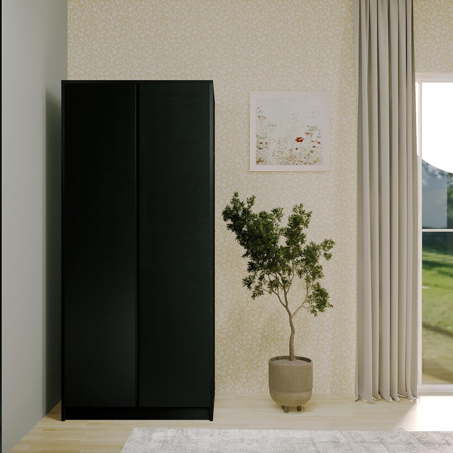 Black 2 Door Wardrobe with Soft-Close Hinges & Push-Open Doors - Bedroom Storage