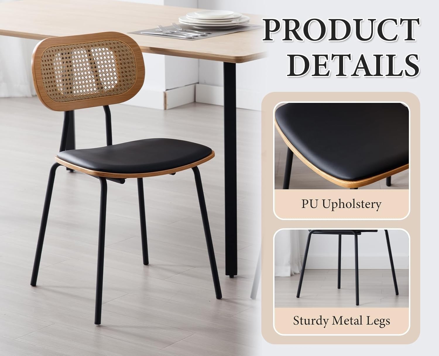 Rattan Dining Chairs Set of 2 Black Metal Legs Modern Kitchen Dining Seats