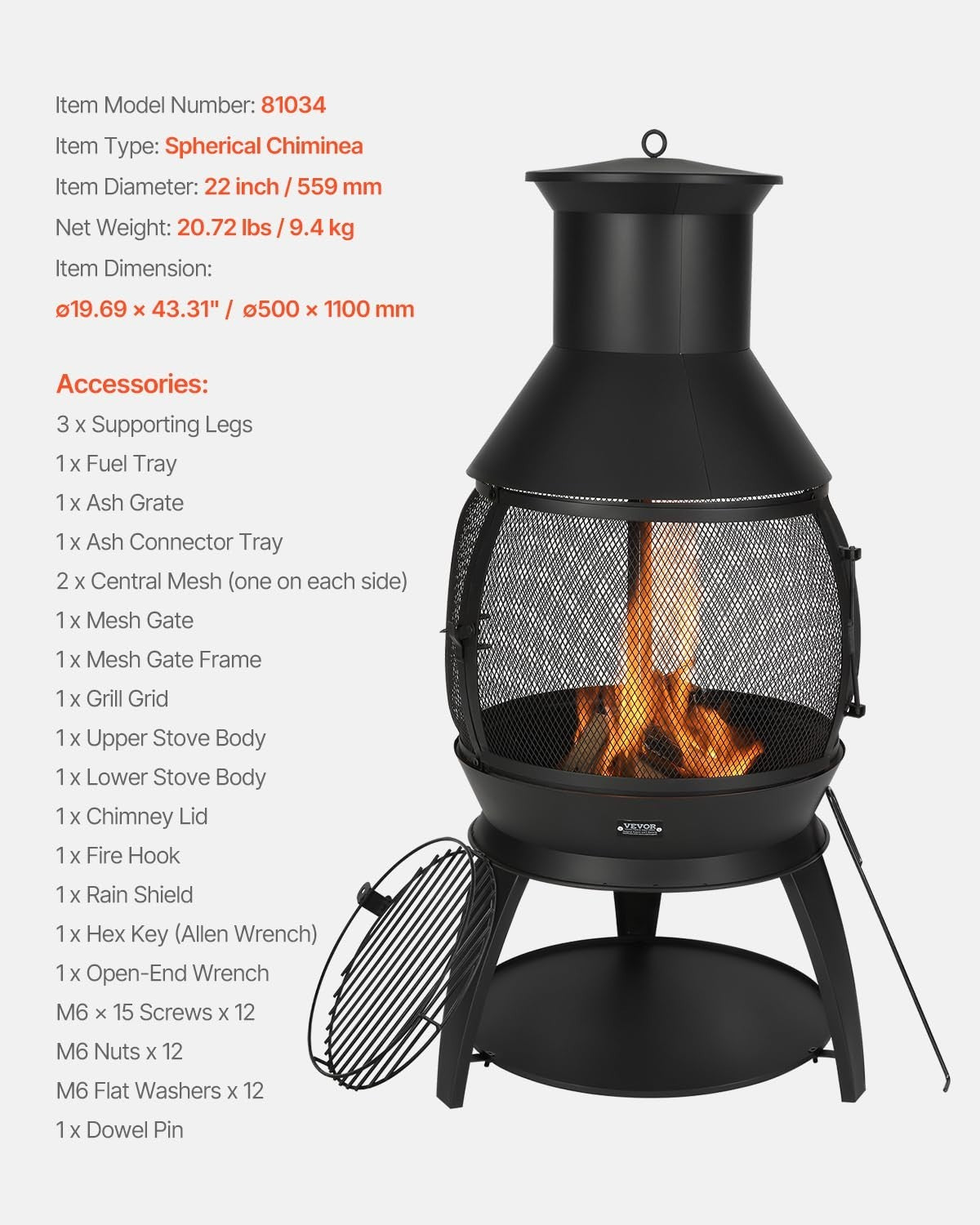 Outdoor Wood Burning Chiminea Fire Pit with Grill Mesh & Chimney Patio Heater